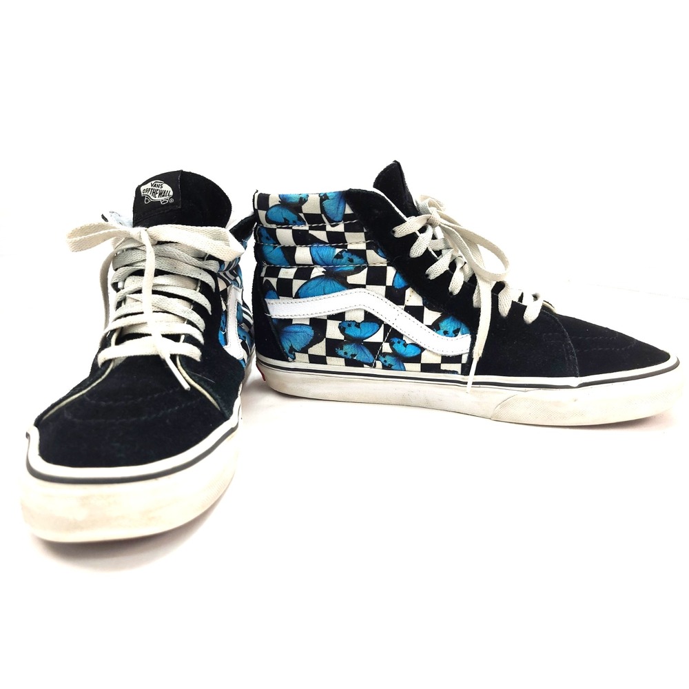 VANS SK8-HI Shoes Womens Size 9 Blue Butterflies Checkered Suede Canvas Sneakers